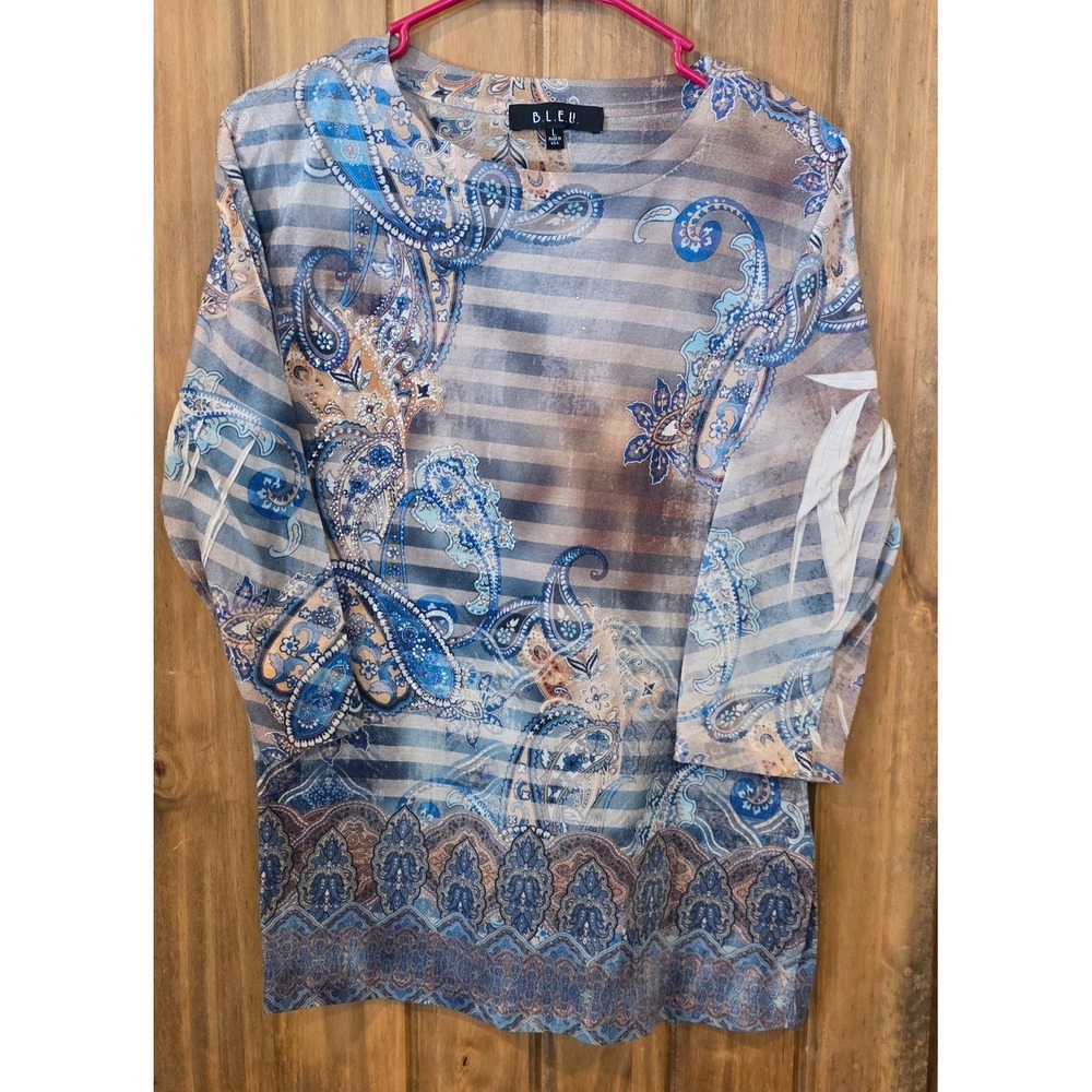 B.L.E.U. Blouse Top Womens L Blue Paisley Striped Rhinestone 3/4 Sleeve USA Made